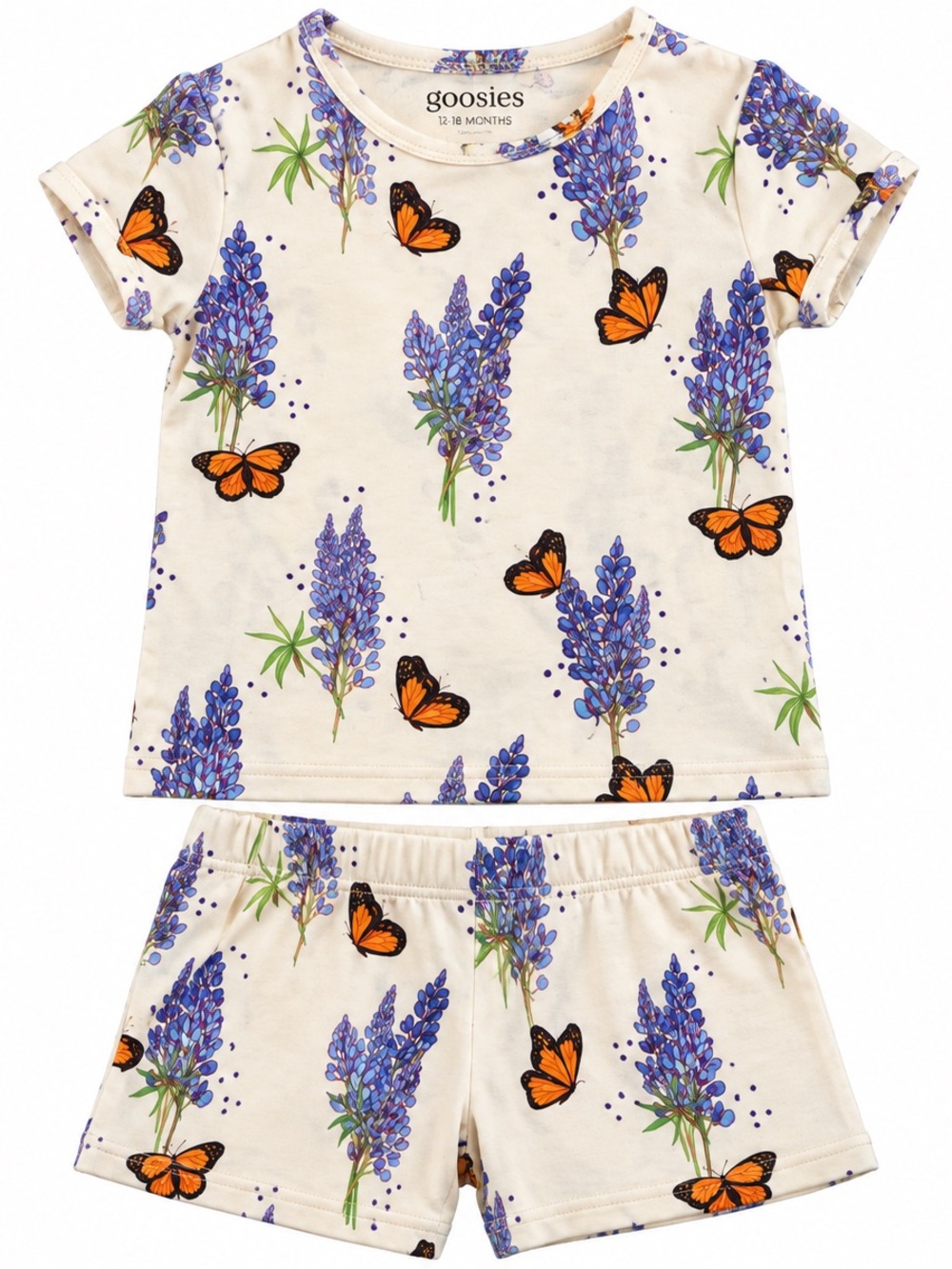 Goosies Girls' Cream Bluebonnet & Butterfly BambooPajama Set - Cream/Blue/Orange